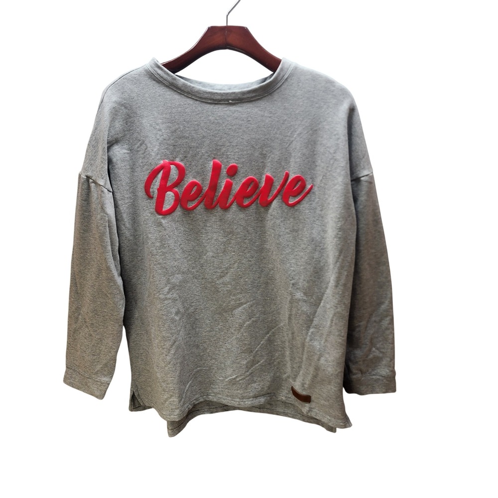 Marleylilly Believe Sweatshirt Gray Plaid Elbow Patches Pink Puff Print S/M